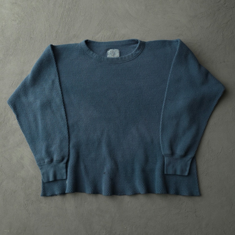 Vintage 80s US Army Thermal Shirt XL Blue Waffle Knit Cotton Overdyed US Army